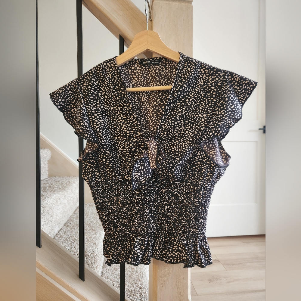 Shein Front Shirred Blouse, M, Polka Dot